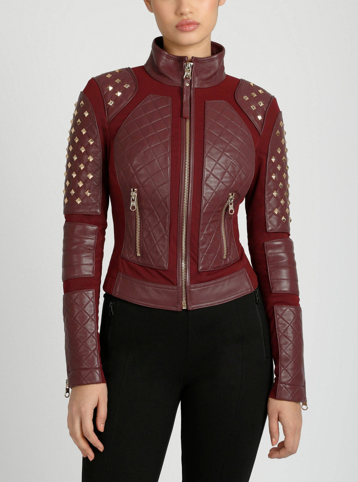 Blanc Noir Pyramid Stud Mesh Genuine Leather Moto Jacket