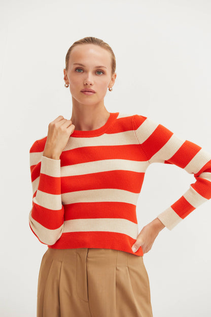 Crescent Lia Orange and Cream Striped Rib Knit Top