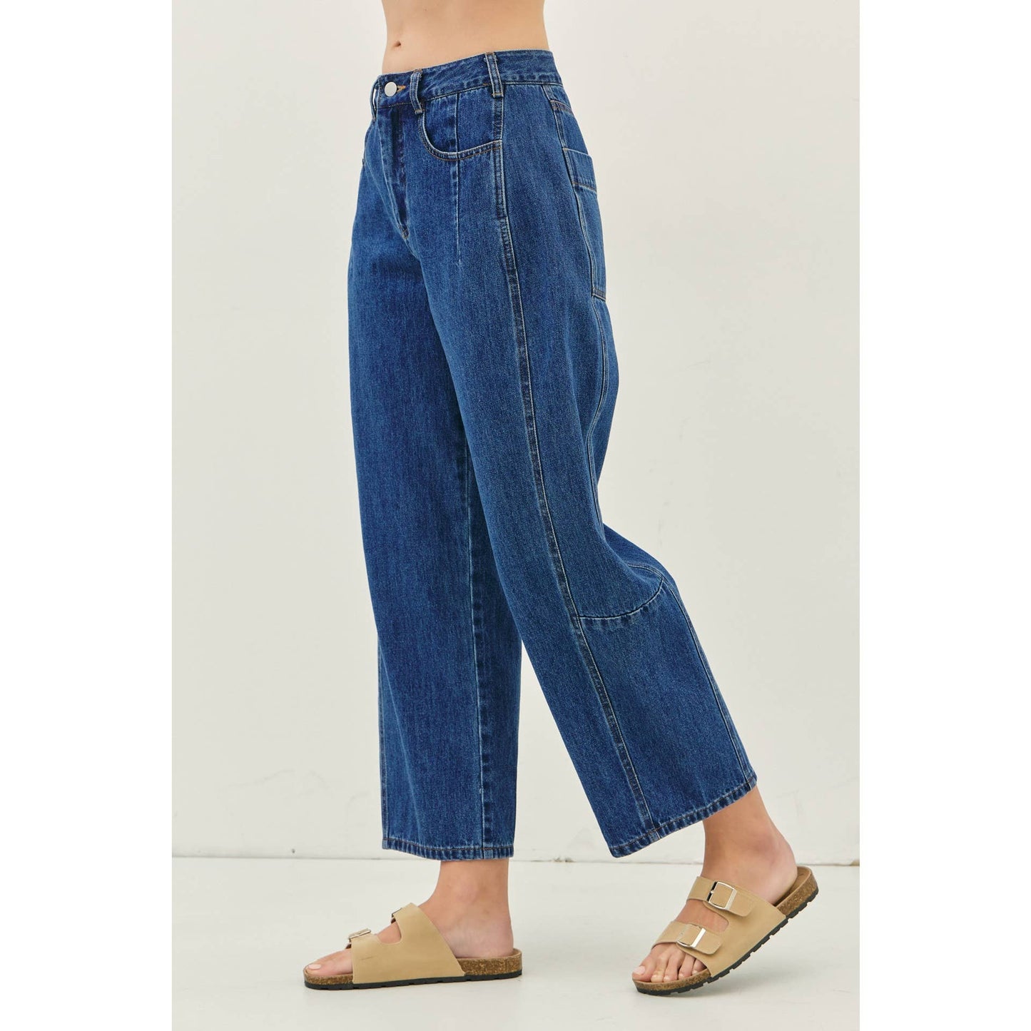 MID RISE BARREL LEG ANKLE DENIM PANTS WITH POCKETS