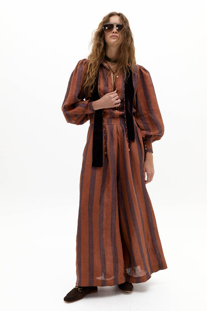 Lanhtropy Sabi Linen Pants in Camino Brick Stripes Print