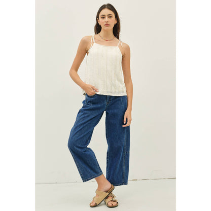 MID RISE BARREL LEG ANKLE DENIM PANTS WITH POCKETS