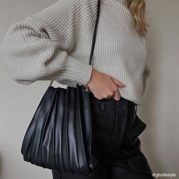 Melie Bianco Carrie Black Pleated Vegan Leather Shoulder Bag