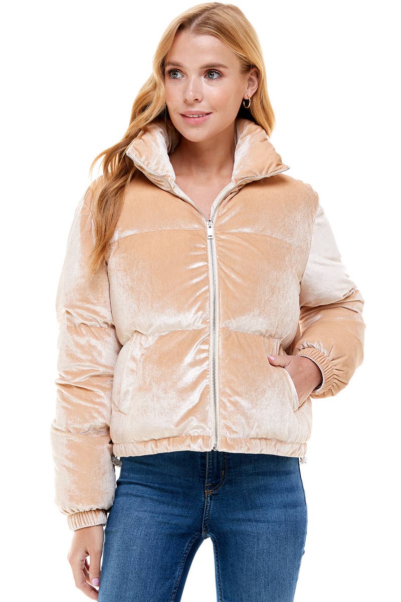 Beige Velvet Puffer Jacket
