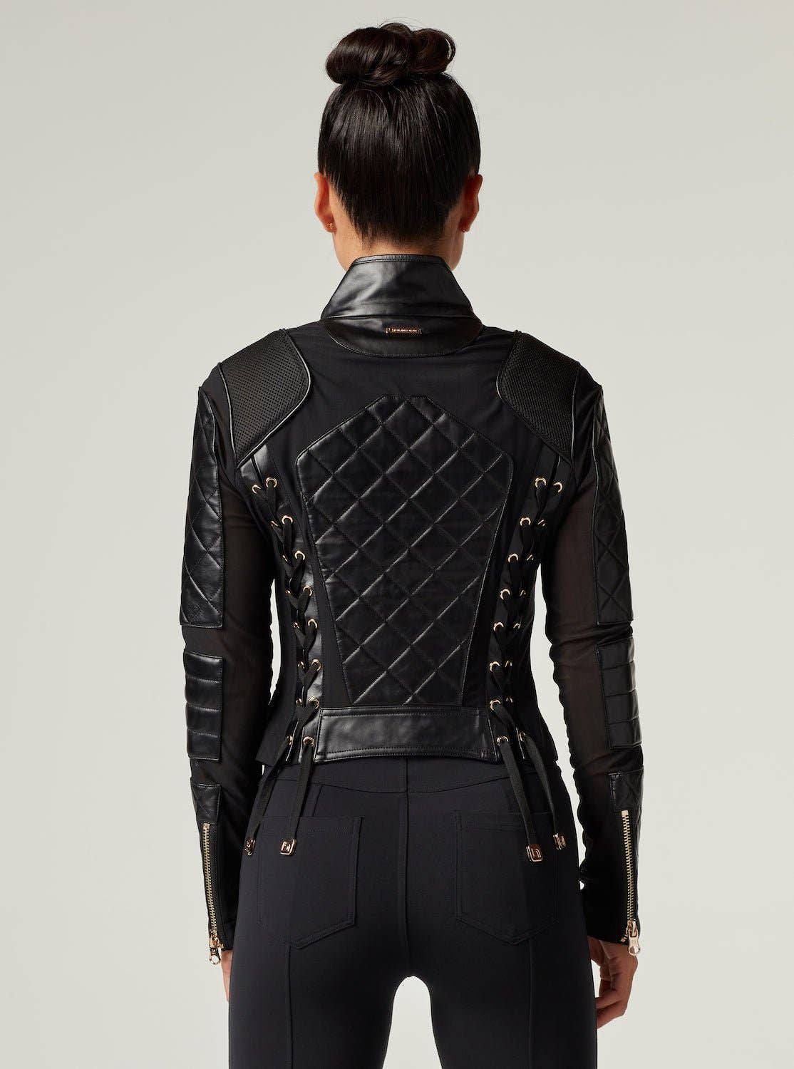 Blanc Noir Mesh Moto Jacket with Black Leather & Gold Trims - Gold Collection with Lace Up Back