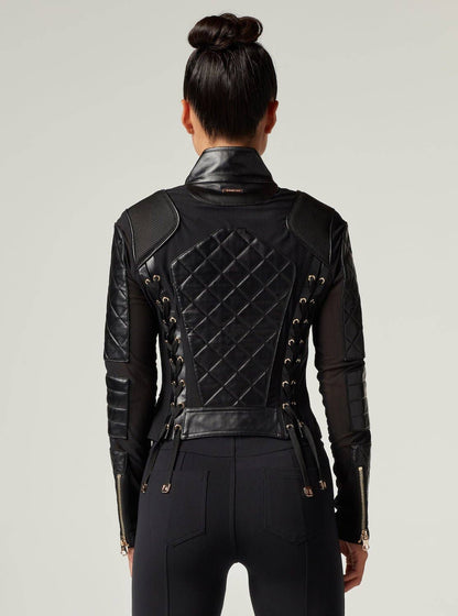 Blanc Noir Mesh Moto Jacket with Black Leather & Gold Trims - Gold Collection with Lace Up Back
