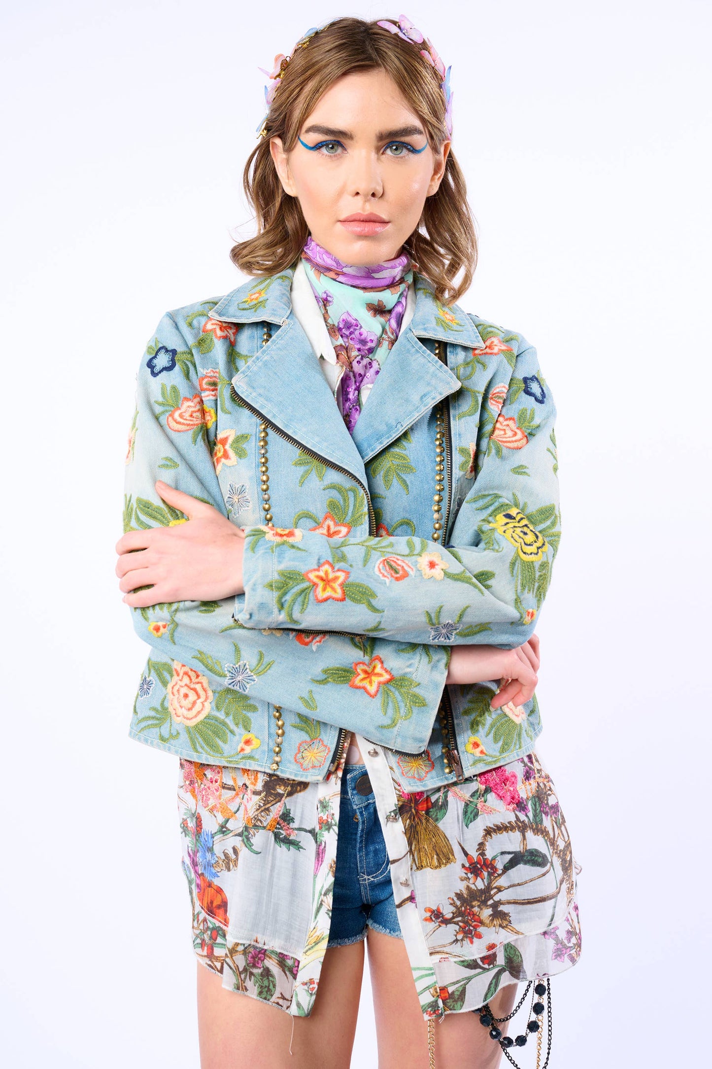 Aratta Lucinda Embroidered Denim Motorcycle Jacket