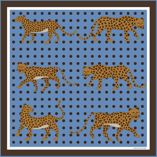 Jessie Zhao Double Sided Silk Scarf Of Blue Leopards Garden