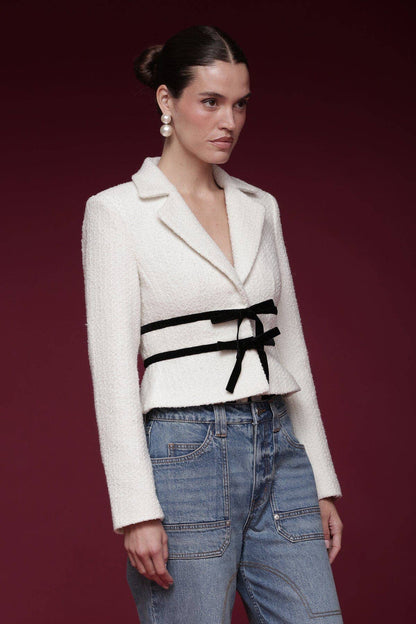 Avec les Filles Velvet Bow Trim Tweed Jacket