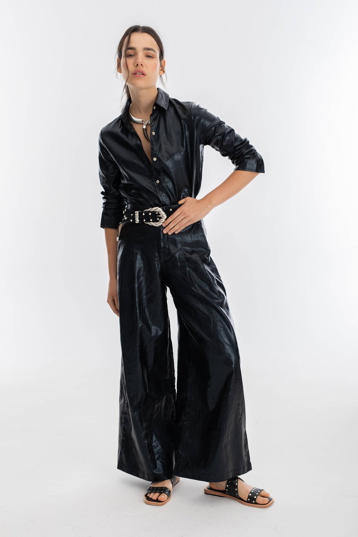 Lanhtropy Culotte Metallic Linen Pants - Black