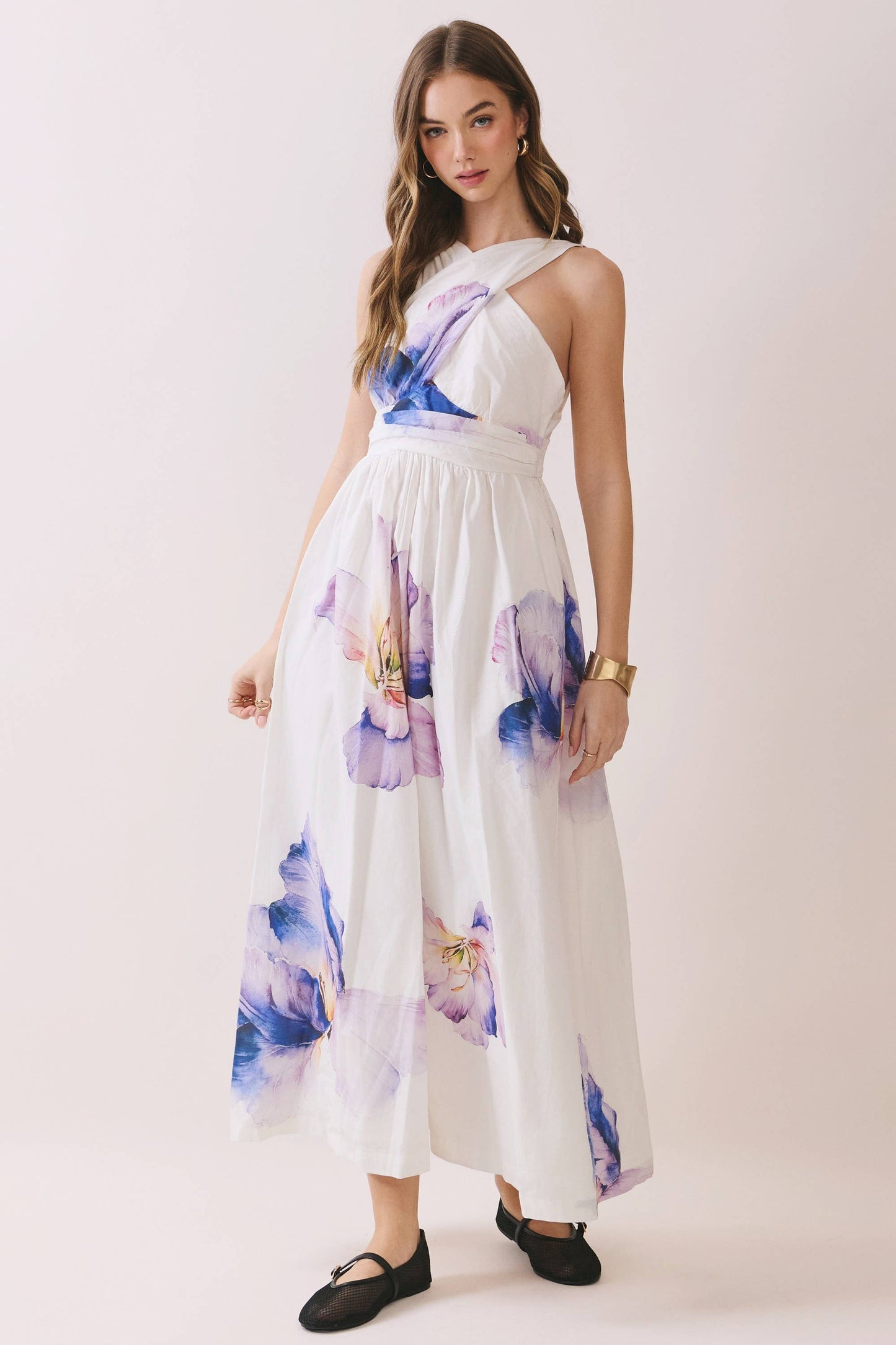 Floral Print Cross Halter Neck Midi Dress