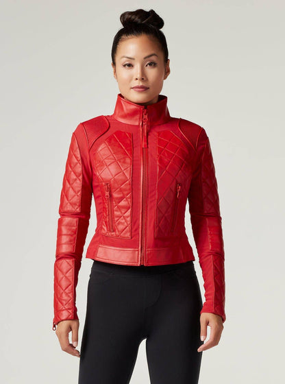 Blanc Noir Classic Red Leather Mesh Moto Jacket