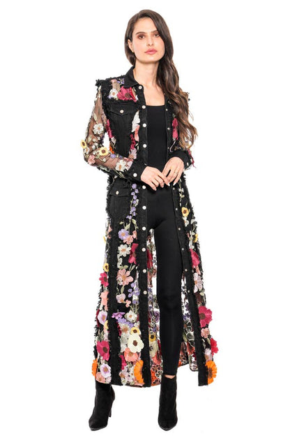 Adore - Long Denim Embroidered Duster Jacket