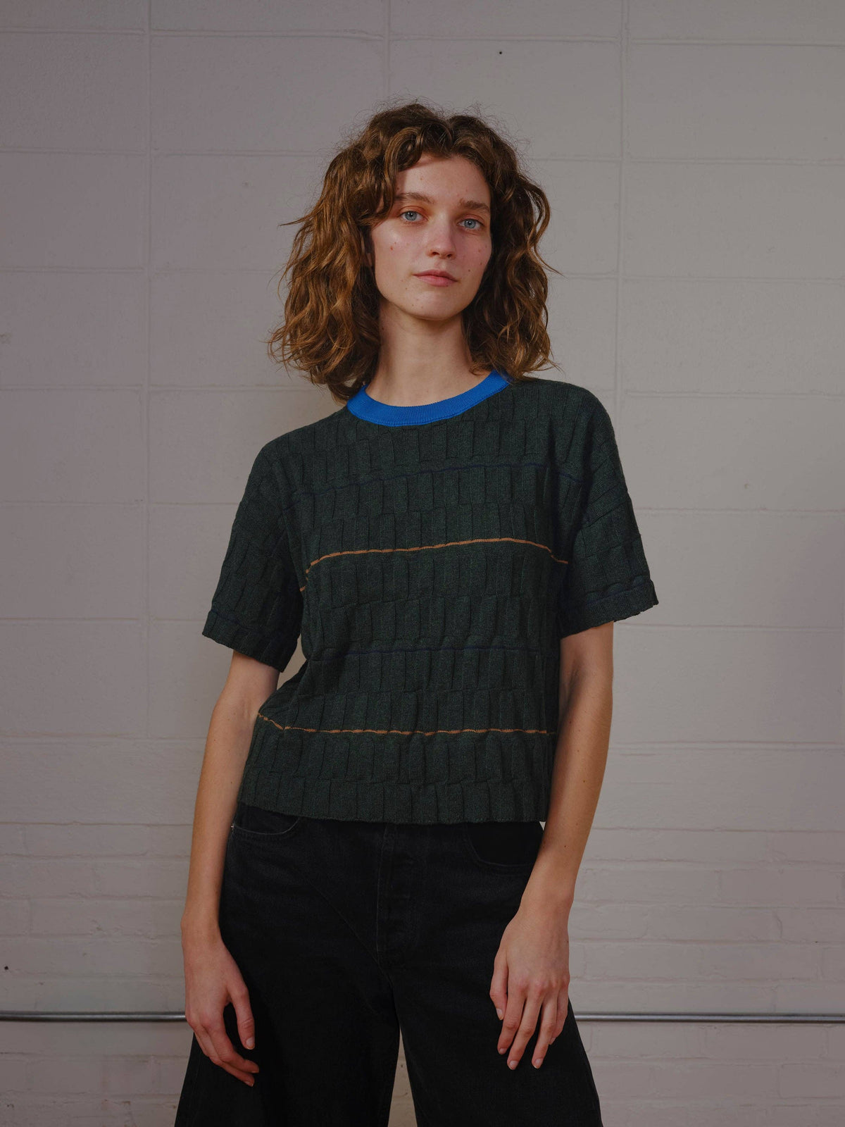 The Endery Wiggle Stripe Knit Grid Tee in the Calathea Palette
