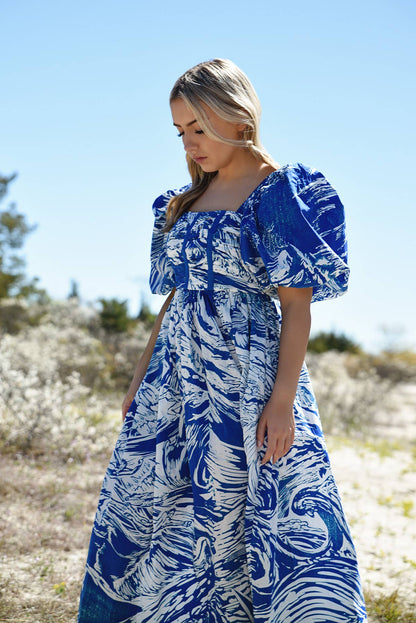 Jessie Zhao Blue Printmaking Square-Neck Cotton Midi Dress