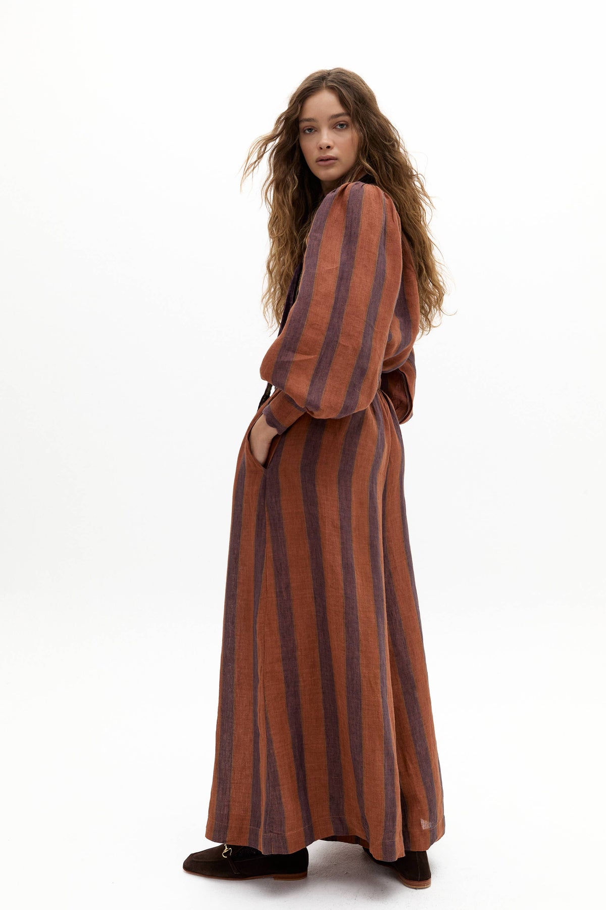 Lanhtropy Camille Linen Shirt and Sabi Linen Pants Set - Camino Brick Stripes