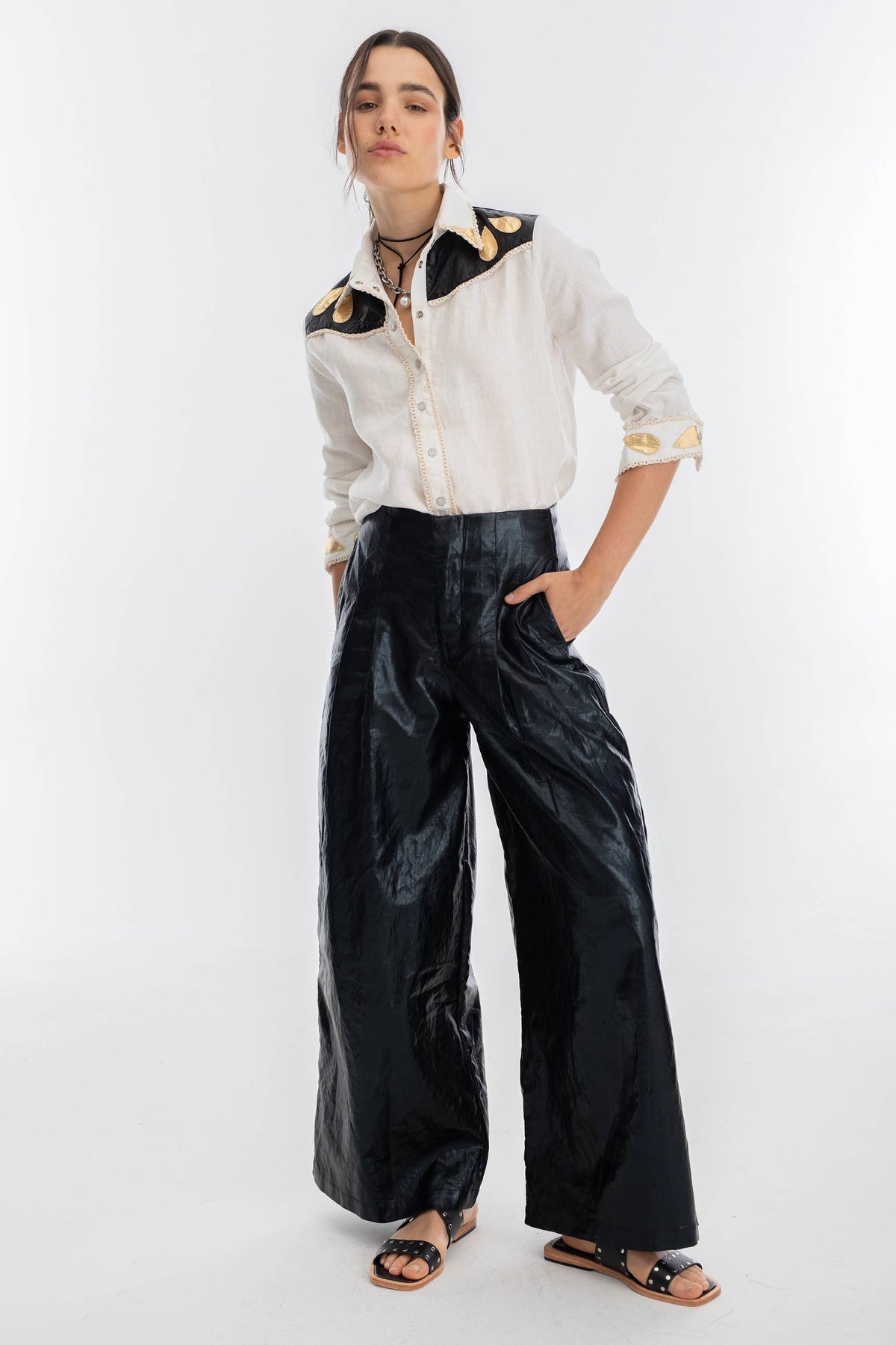 Lanhtropy Culotte Metallic Linen Pants - Black