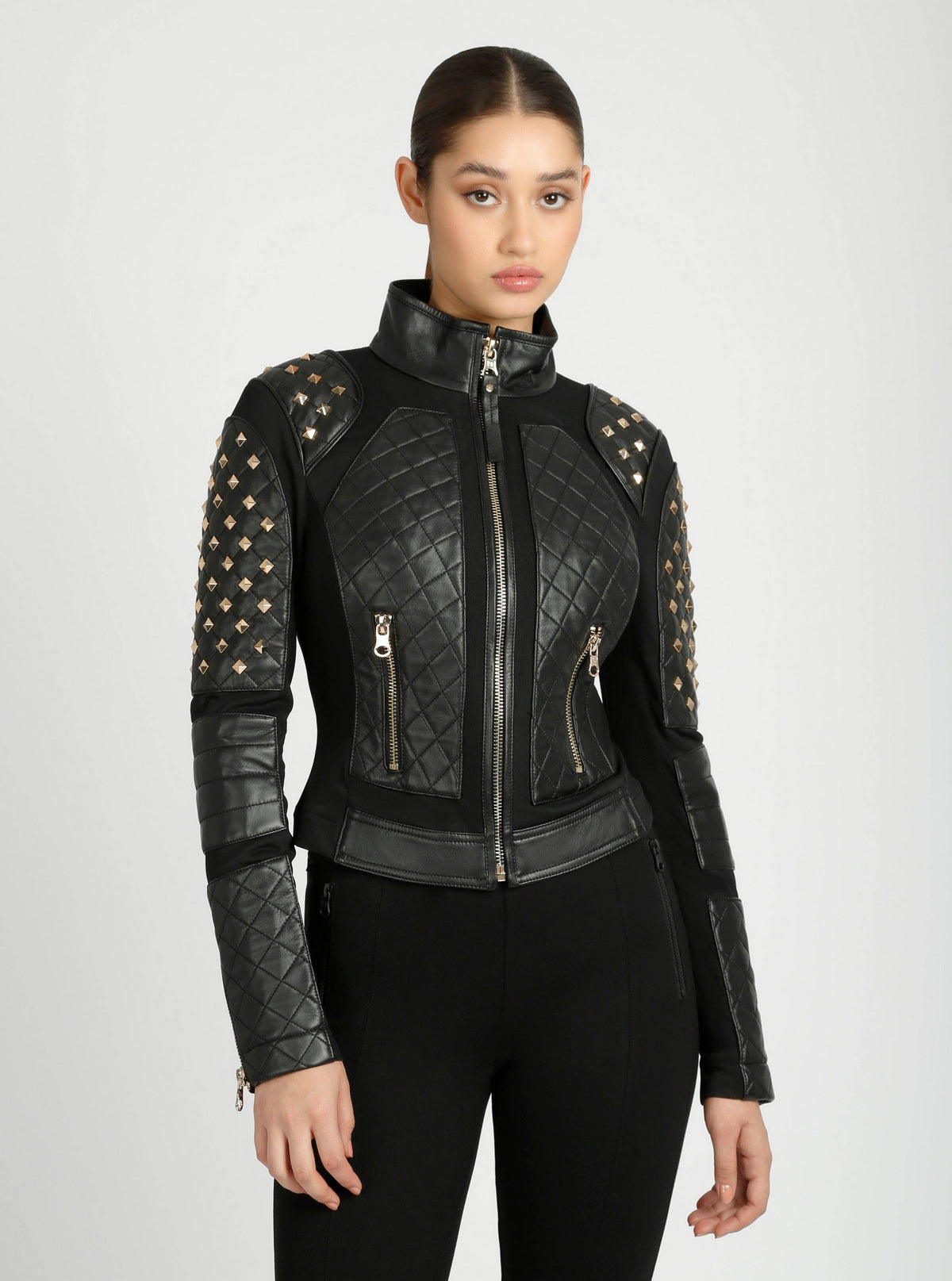 Blanc Noir Pyramid Stud Mesh Genuine Leather Moto Jacket