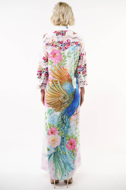 Aratta Beauty Mark Maxi Duster- White | Floral Coat Dress
