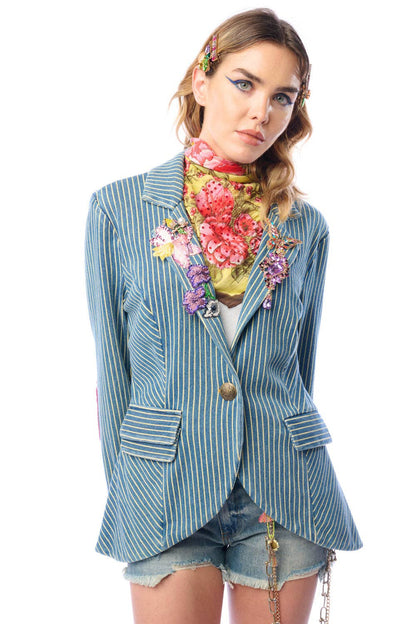 Aratta Alaia Stripe Denim Blazer with Lapel Embellishments