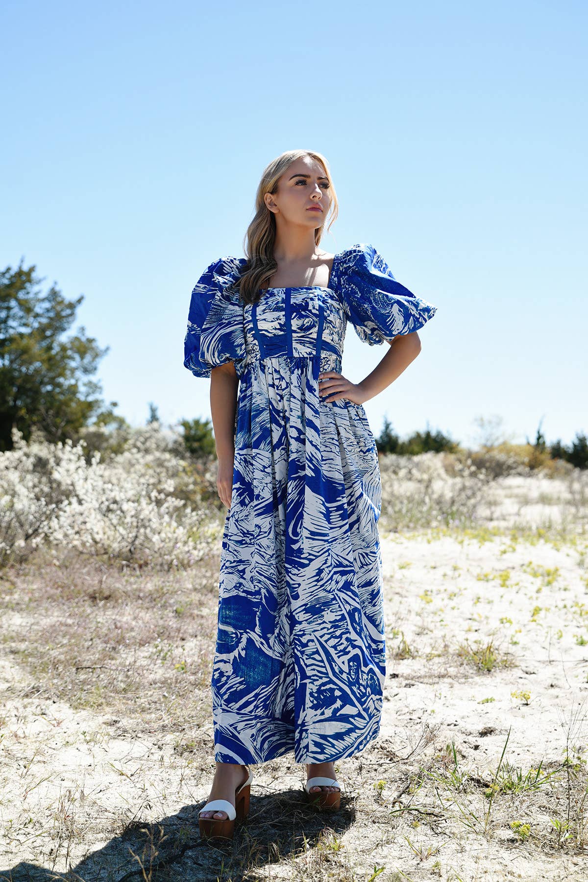 Jessie Zhao Blue Printmaking Square-Neck Cotton Midi Dress