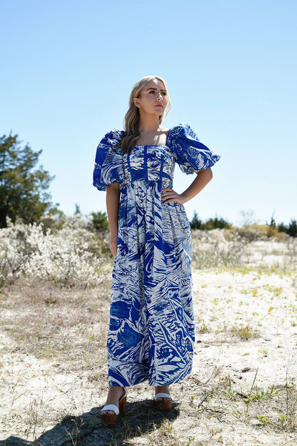 Jessie Zhao Blue Printmaking Square-Neck Cotton Midi Dress