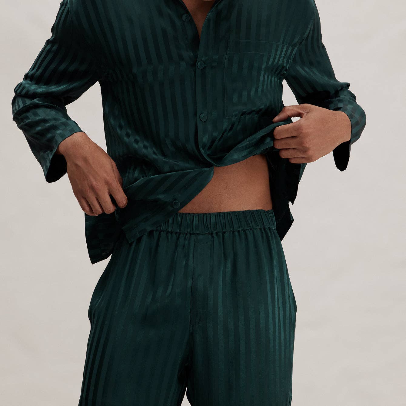Men's Washable Silk Striped Jacquard Button Up Set