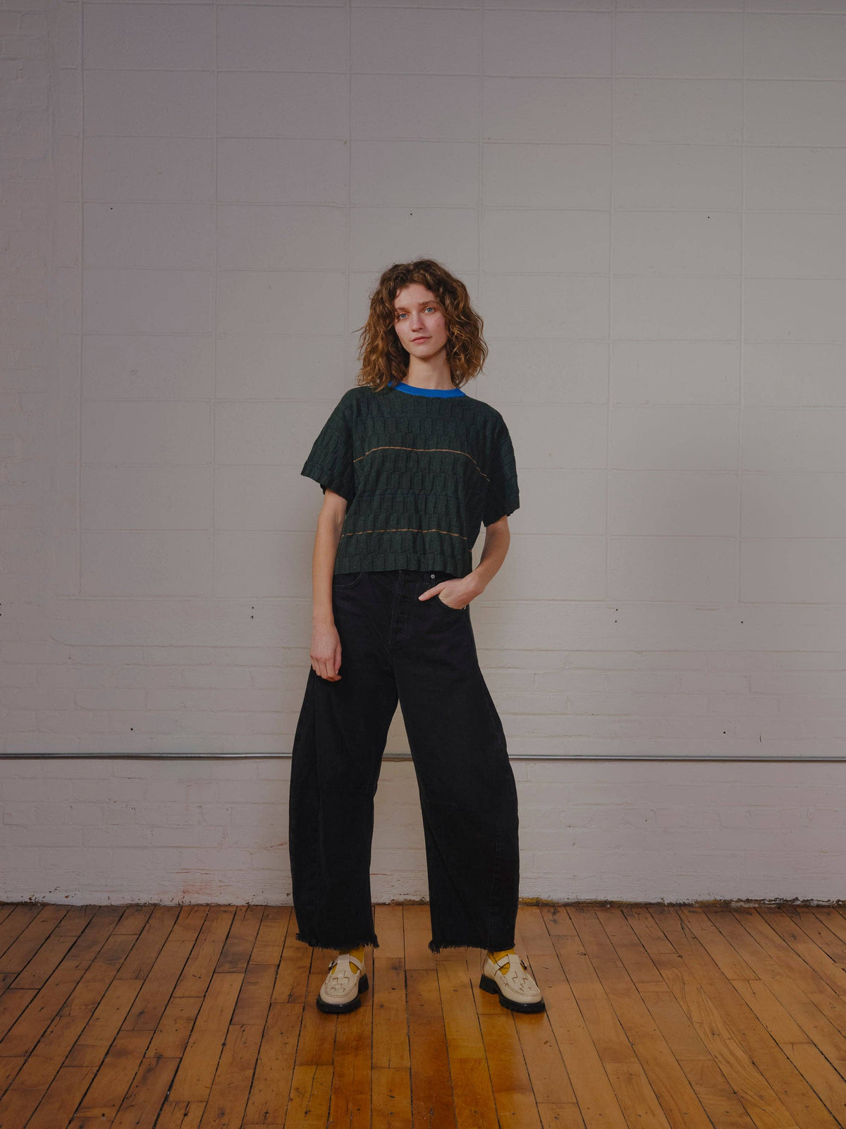 The Endery Wiggle Stripe Knit Grid Tee in the Calathea Palette