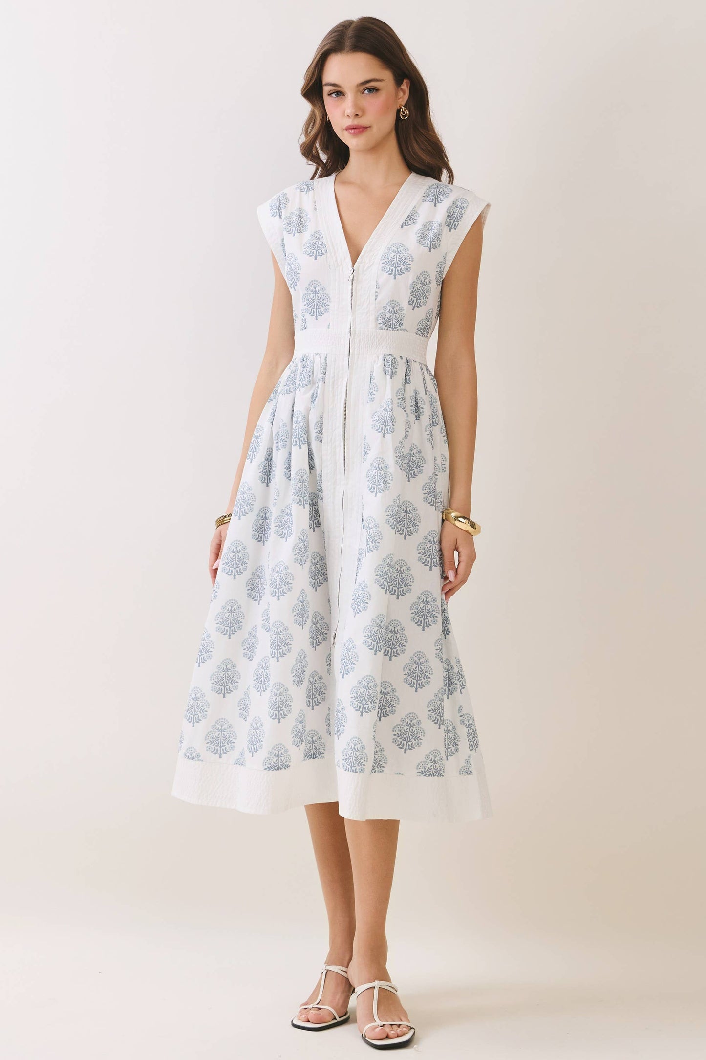 TCEC Floral Print Zipper Front Midi Dress
