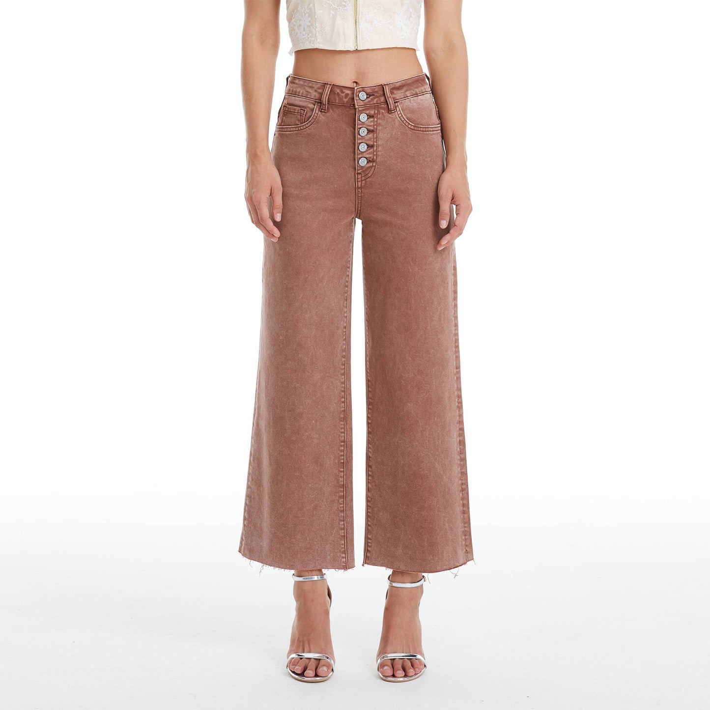 BAYEAS HIGH RISE WIDE LEG TWILL PANTS(RAW HEM,BUTTON FLY)