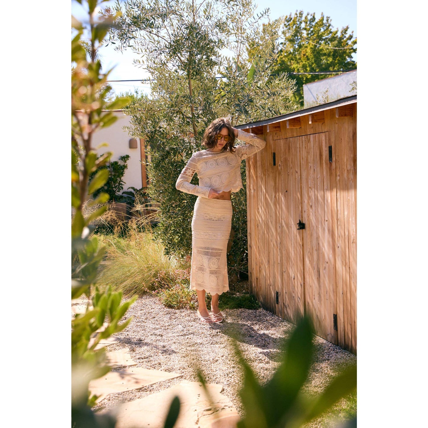 FLORAL SHEER CROCHET TOP AND SKIRT SET WITH SCALLOP HEM