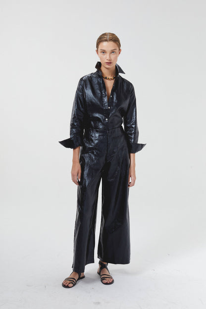 Lanhtropy Culotte Metallic Linen Pants - Black