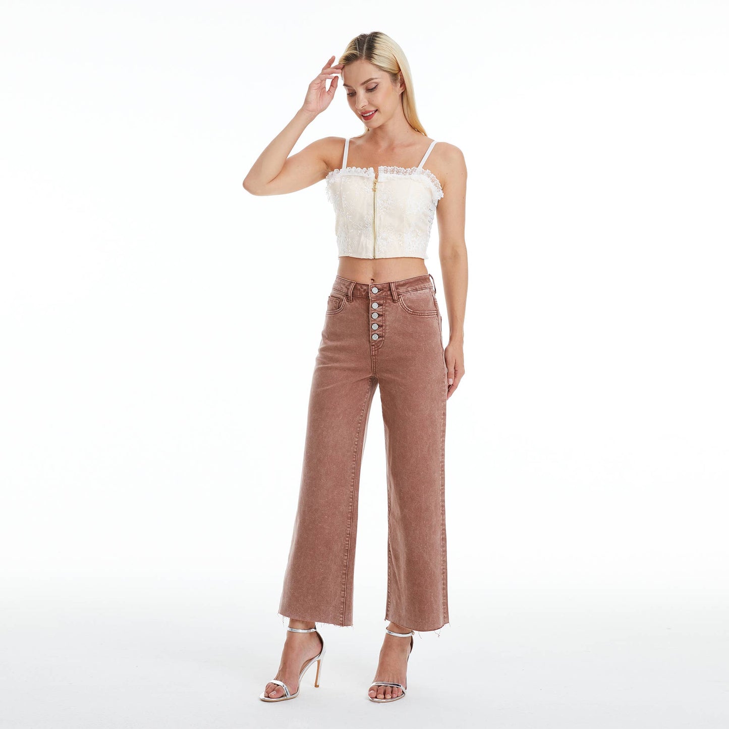 BAYEAS HIGH RISE WIDE LEG TWILL PANTS(RAW HEM,BUTTON FLY)