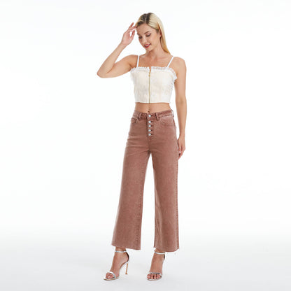 BAYEAS HIGH RISE WIDE LEG TWILL PANTS(RAW HEM,BUTTON FLY)
