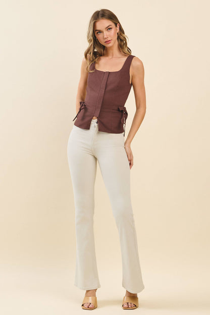 Square Neckline Self Tie Accents Sleeveless Top