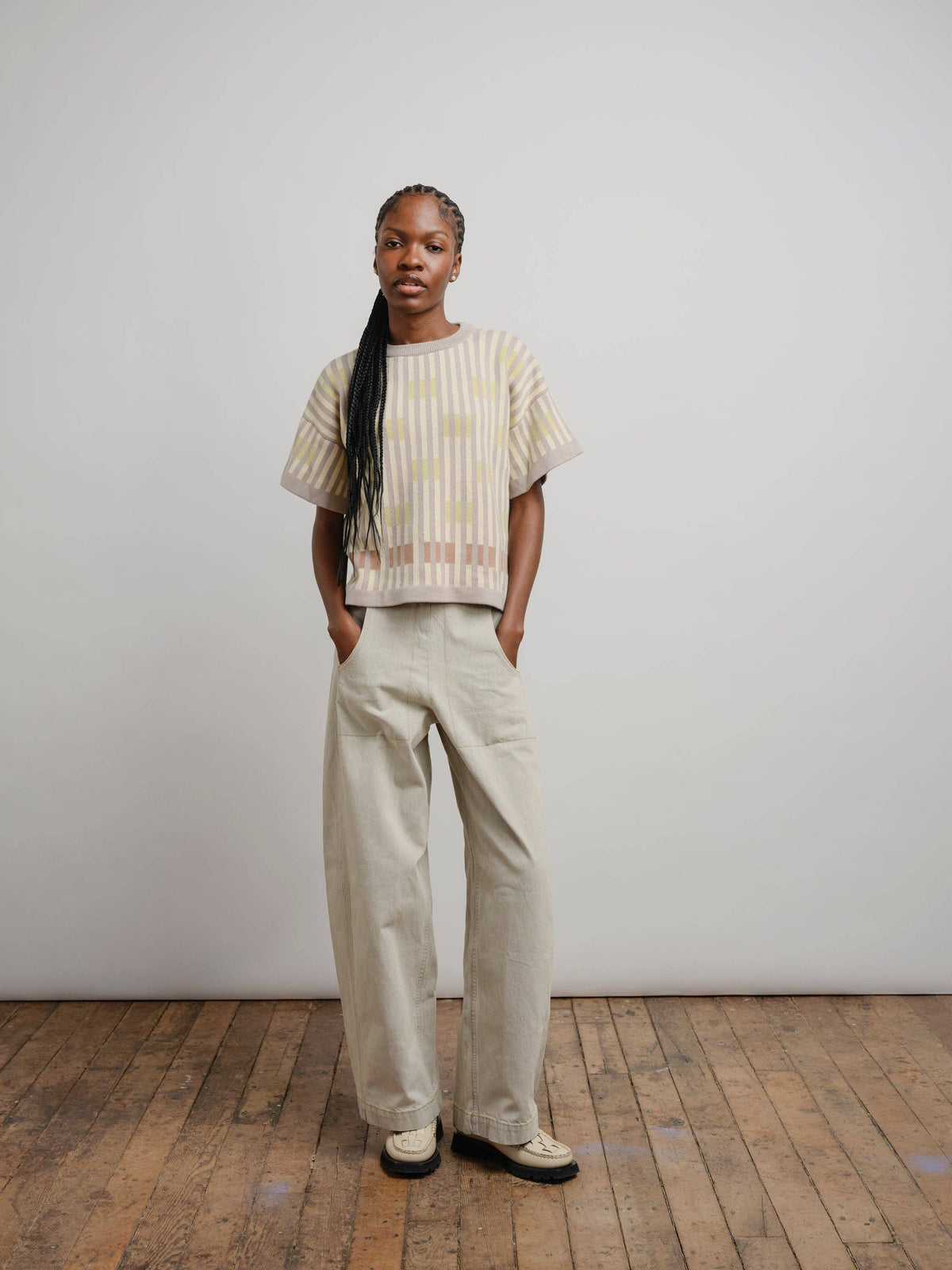 The Endery Bauhaus Short Sleeve Sweater Tee in the Cumulus Palette