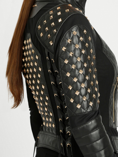 Blanc Noir Pyramid Stud Mesh Genuine Leather Moto Jacket