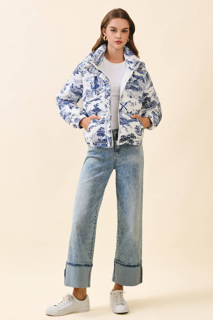 Antique Print Zip Up Snap Button Puffer Jacket