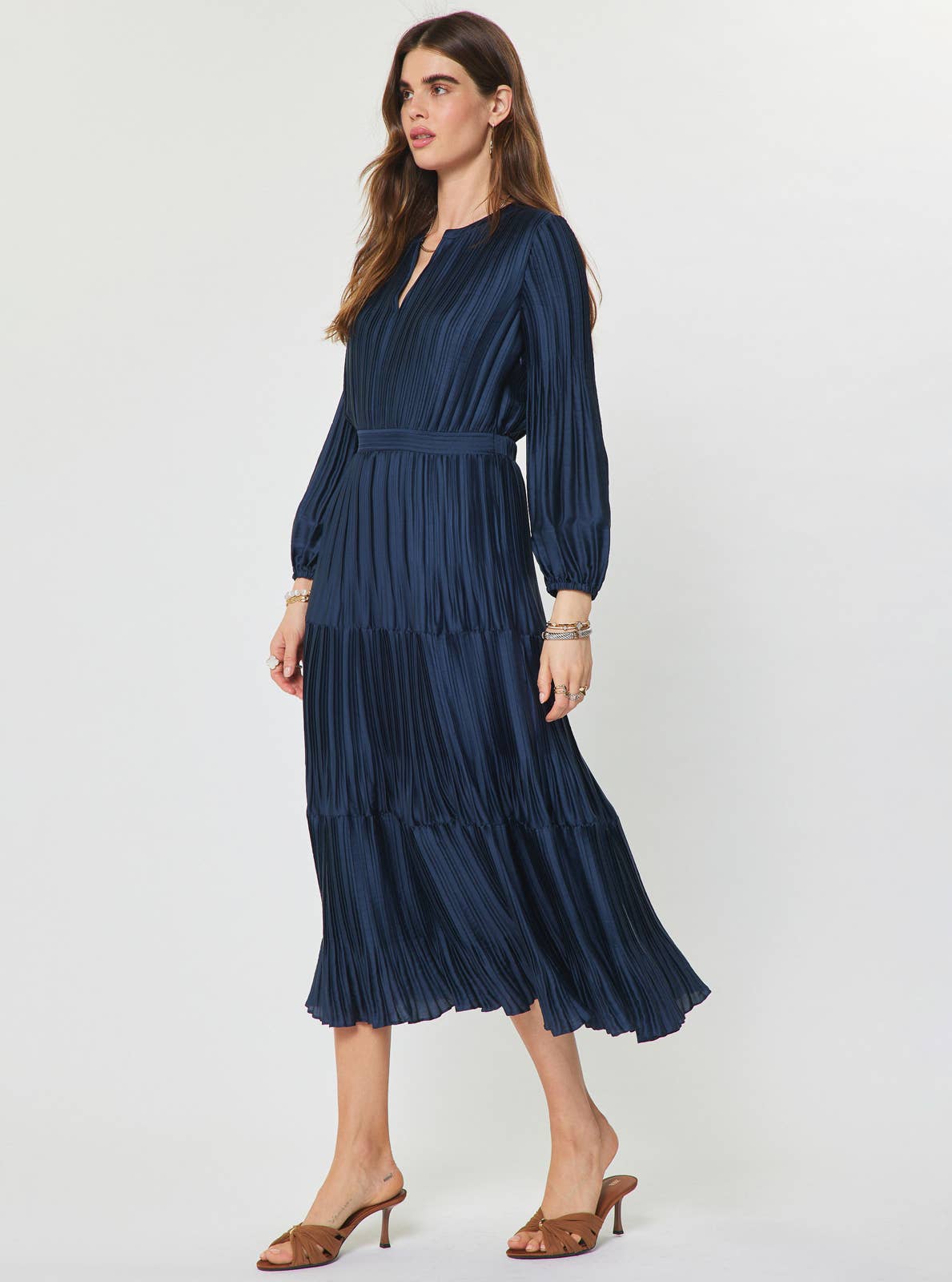Current Air Pleated Long Sleeve Maxi Dress