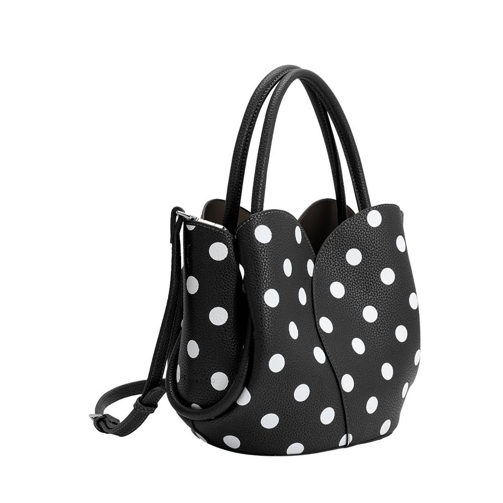 Melie Bianco Tulip Black Recycled Vegan Leather Polka Dot Top Handle Bag