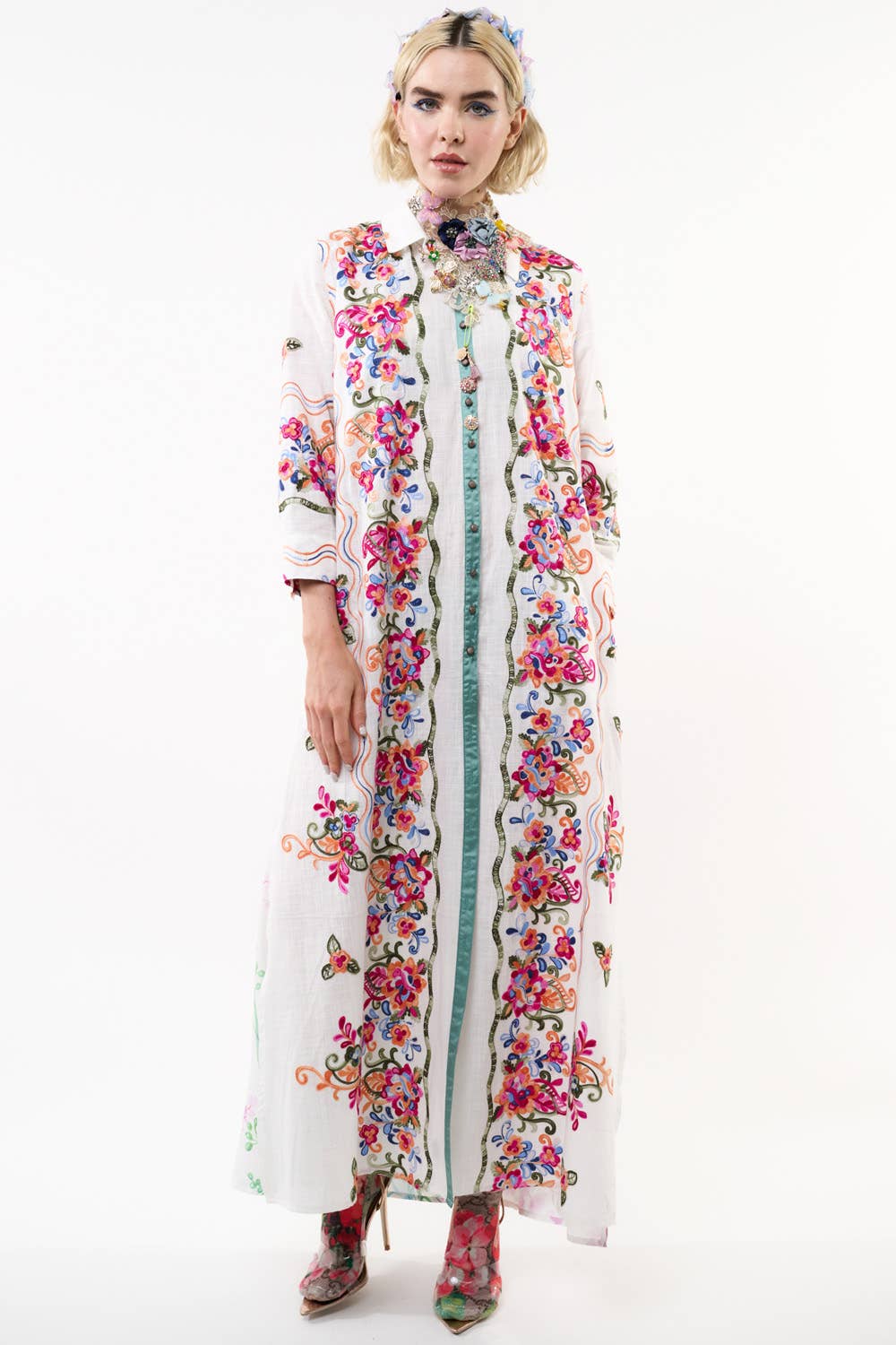 Aratta Beauty Mark Maxi Duster- White | Floral Coat Dress