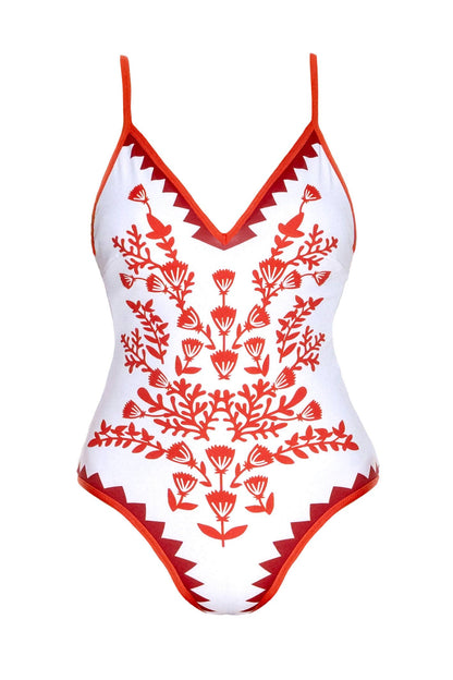 Jessie Zhao Red Coral Reversible V-Neck One-Piece Swimsuit