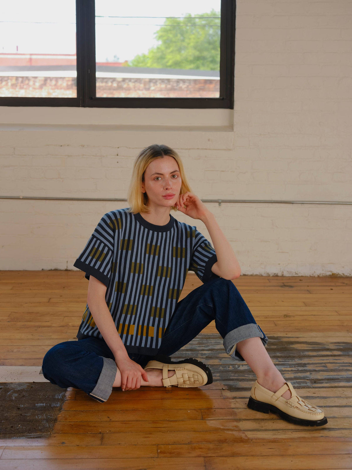The Endery Bauhaus Short Sleeve Sweater Tee in the Lazurite Palette