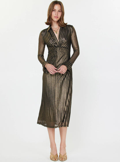 Current Air Metallic Black and Gold Striped Midi Dress
