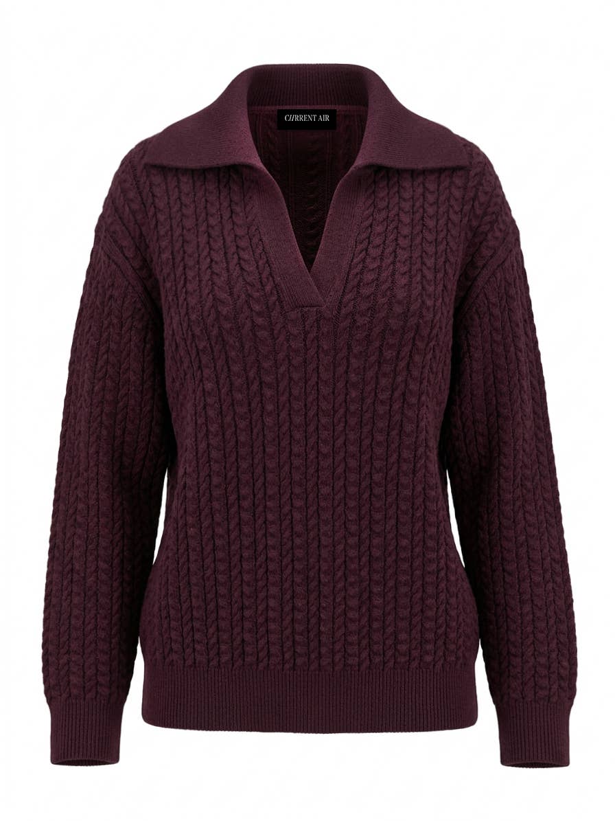 Current Air Open Collar Pullover Cable Knit Sweater