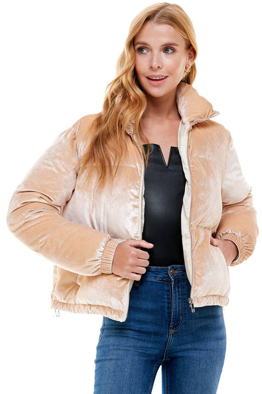 Beige Velvet Puffer Jacket