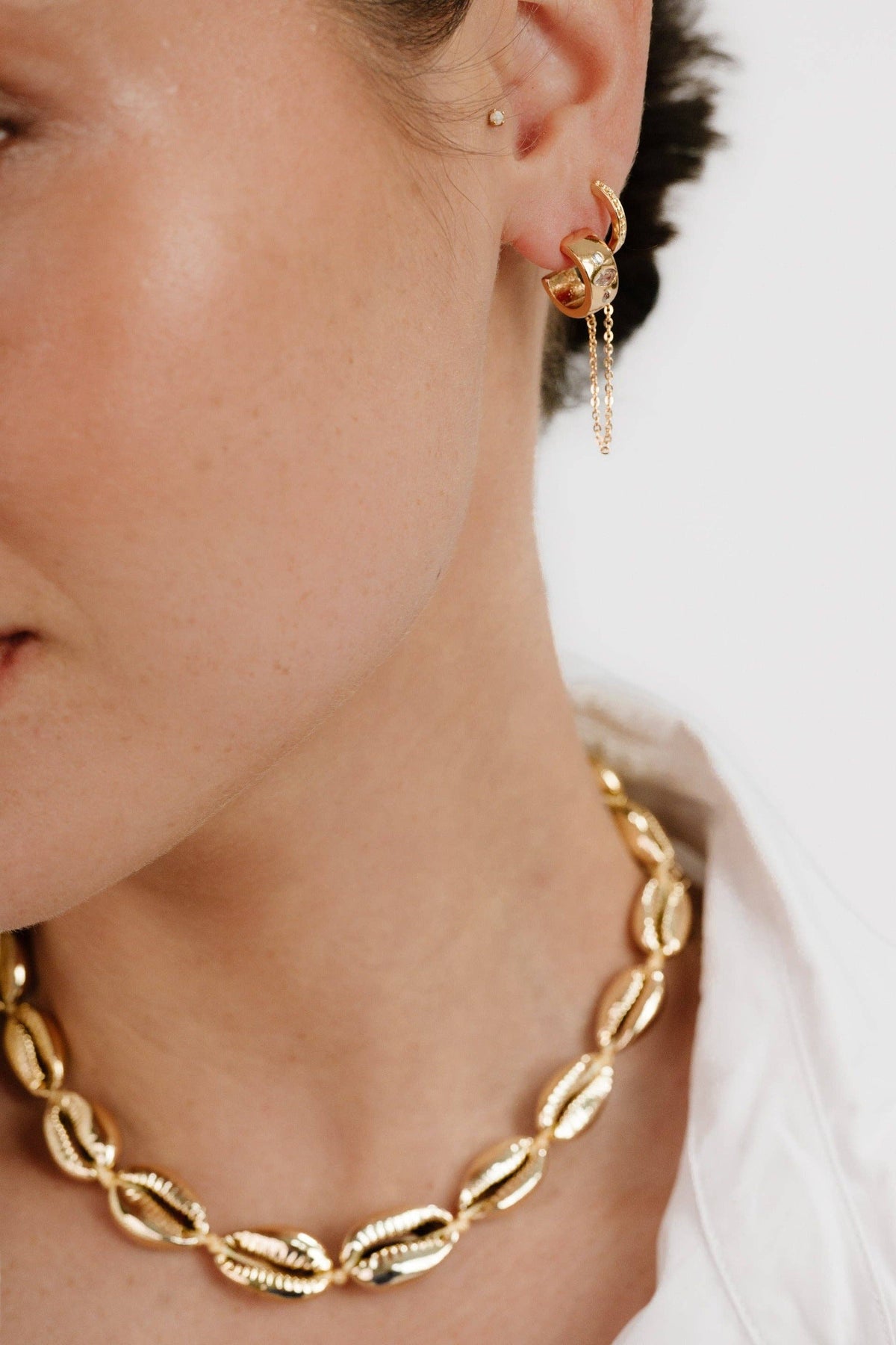 Ettika Double Piercing Bezel Crystal Dangle Earrings