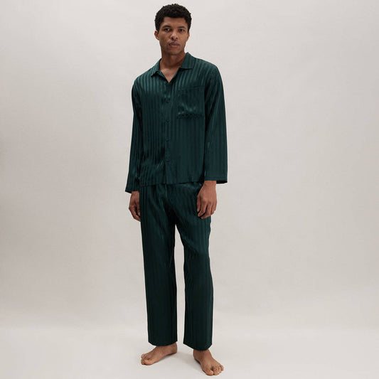 Men's Washable Silk Striped Jacquard Button Up Set