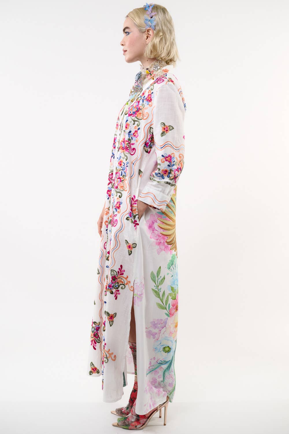 Aratta Beauty Mark Maxi Duster- White | Floral Coat Dress