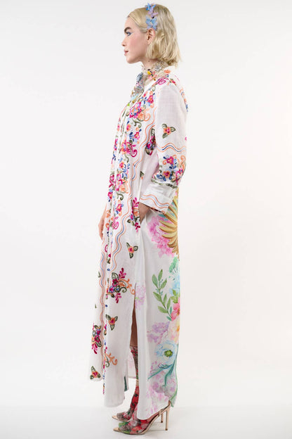 Aratta Beauty Mark Maxi Duster- White | Floral Coat Dress