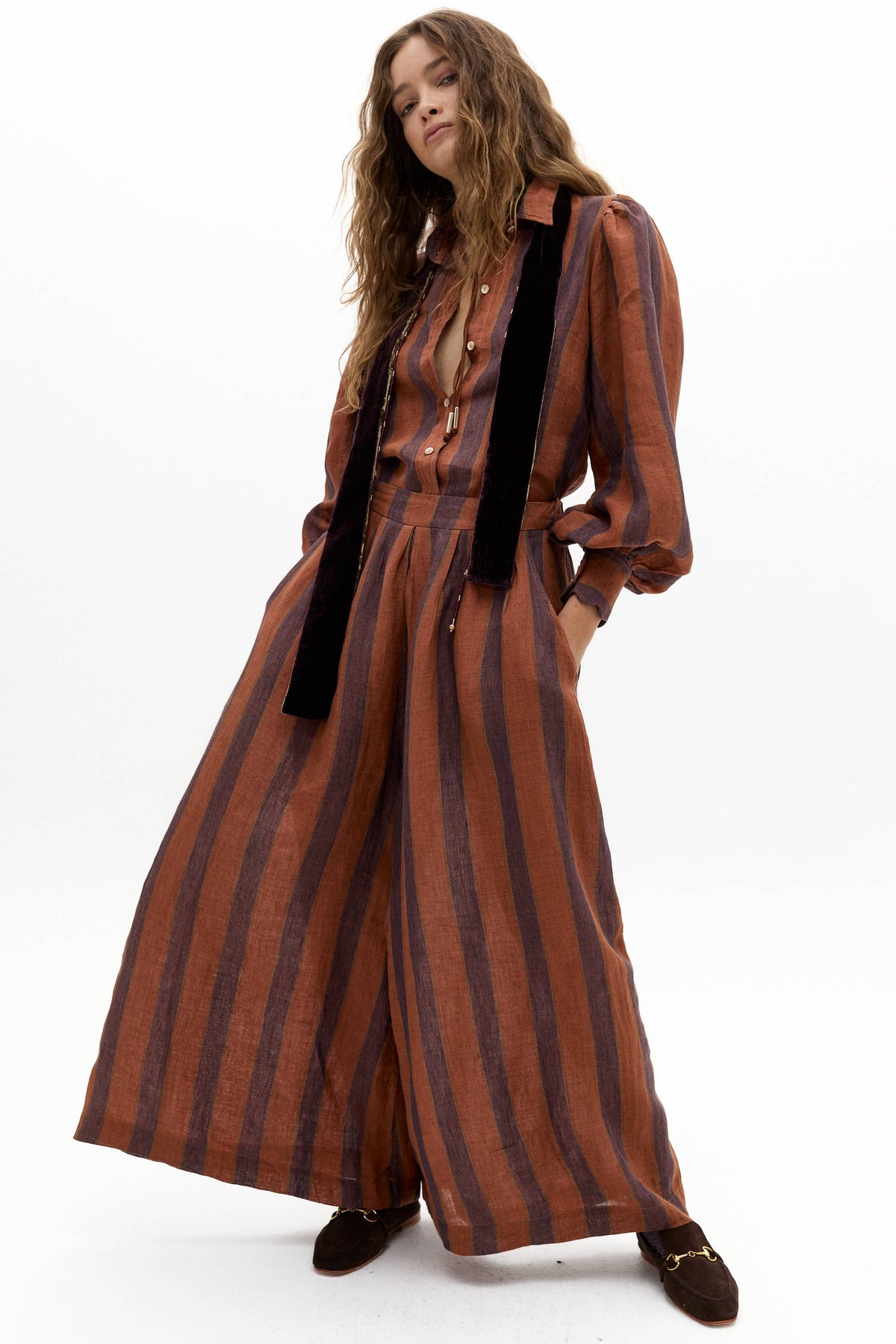 Lanhtropy Camille Linen Shirt and Sabi Linen Pants Set - Camino Brick Stripes